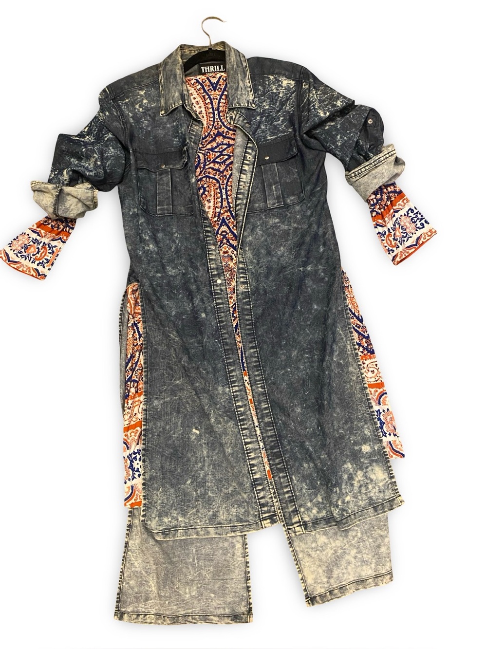 Women's Distressed denim Trench jacket- with Washed Detail